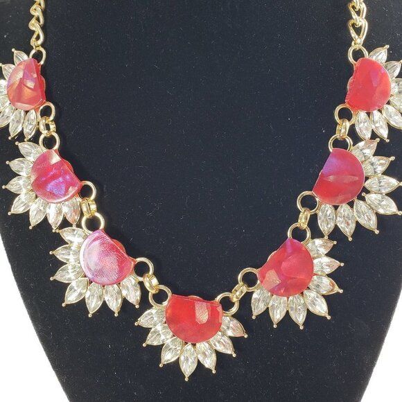 Gold Tone Floral Statement Necklace – Red Gem Glamorous & Dazzling Crystal 18" - Picture 9 of 10